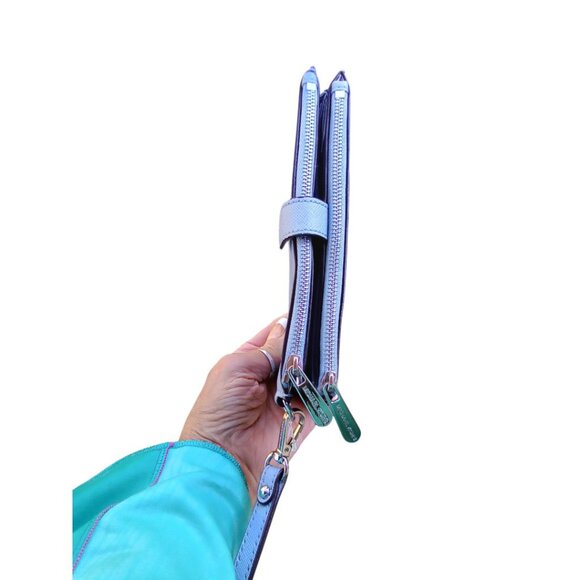 Michael Kors Blue Saffiano Leather Double Zip Cellphone Wallet Wristlet - Picture 11 of 11